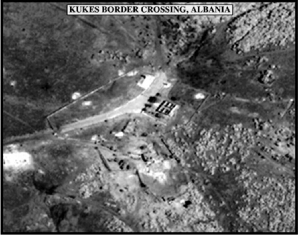 Post-strike bomb damage assessment photograph of the Kukes Border Crossing, Serbia, used by Joint Staff Vice Director for Strategic Plans and Policy Maj. Gen. Charles F. Wald, U.S. Air Force, during a press briefing on NATO Operation Allied Force in the Pentagon on May 21, 1999. 