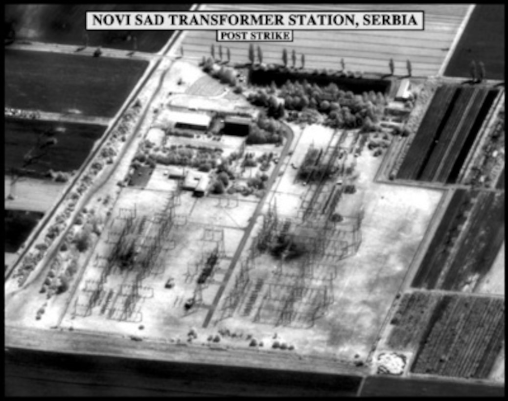 Post-strike bomb damage assessment photograph of the Novi Sad Transformer Station, Serbia, used by Joint Staff Vice Director for Strategic Plans and Policy Maj. Gen. Charles F. Wald, U.S. Air Force, during a press briefing on NATO Operation Allied Force in the Pentagon on May 25, 1999. 
