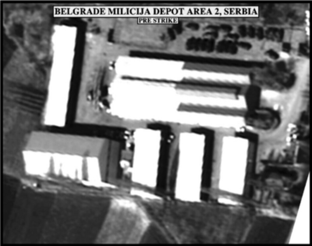 Pre-strike assessment photograph of the Belgrade Milicija Depot Area 2, Serbia, used by Joint Staff Vice Director for Strategic Plans and Policy Maj. Gen. Charles F. Wald, U.S. Air Force, during a press briefing on NATO Operation Allied Force in the Pentagon on May 26, 1999. 