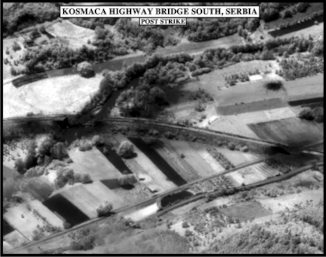 Post-strike bomb damage assessment photograph of the Kosmaca Highway Bridge South, Serbia, used by Joint Staff Vice Director for Strategic Plans and Policy Maj. Gen. Charles F. Wald, U.S. Air Force, during a press briefing on NATO Operation Allied Force in the Pentagon on May 27, 1999. 