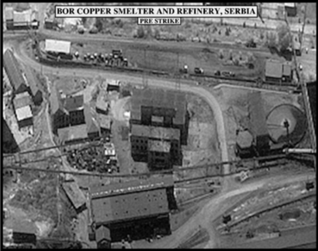 Pre-strike assessment photograph of the Bor Copper Smelter and Refinery, Serbia, used by Joint Staff Vice Director for Strategic Plans and Policy Maj. Gen. Charles F. Wald, U.S. Air Force, during a press briefing on NATO Operation Allied Force in the Pentagon on May 27, 1999. 