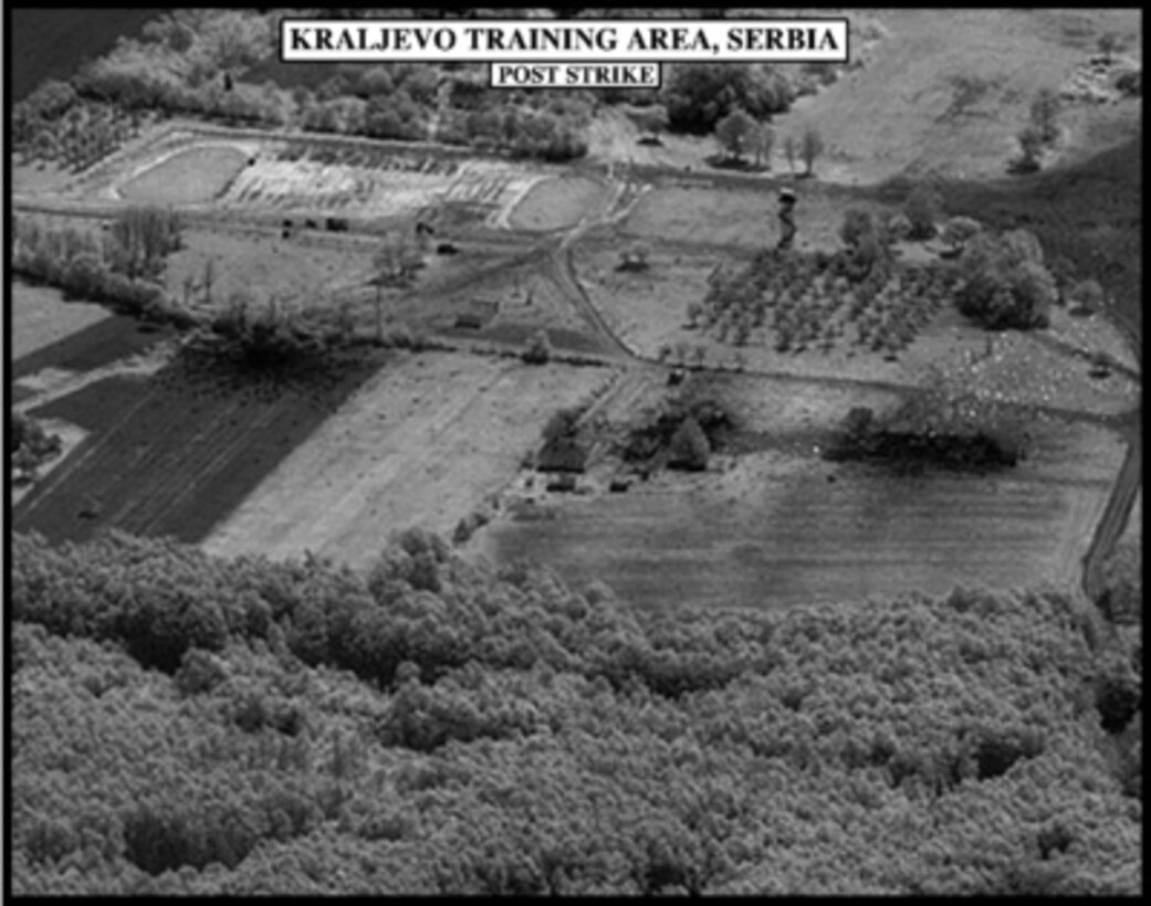 Post-strike bomb damage assessment photograph of the Kraljevo Training Area, Serbia, used by Joint Staff Vice Director for Strategic Plans and Policy Maj. Gen. Charles F. Wald, U.S. Air Force, during a press briefing on NATO Operation Allied Force in the Pentagon on May 28, 1999. 