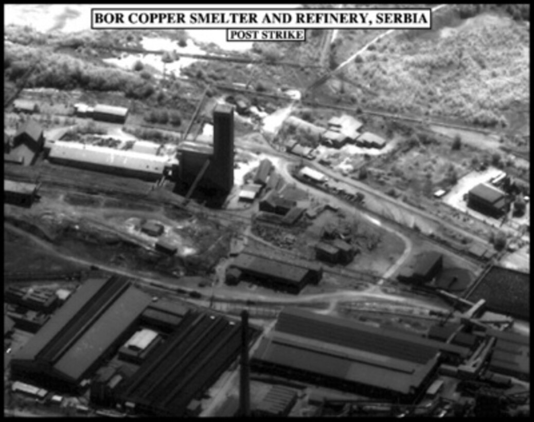 Post-strike bomb damage assessment photograph of the Bor Copper Smelter and Refinery, Serbia, used by Joint Staff Vice Director for Strategic Plans and Policy Maj. Gen. Charles F. Wald, U.S. Air Force, during a press briefing on NATO Operation Allied Force in the Pentagon on May 28, 1999. 