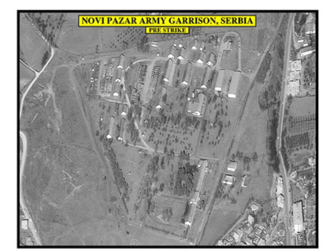 Pre-strike assessment photograph of the Novi Pazar Army Garrison, Serbia, used by Joint Staff Vice Director for Strategic Plans and Policy Maj. Gen. Charles F. Wald, U.S. Air Force, during a press briefing on NATO Operation Allied Force in the Pentagon on May 28, 1999. 