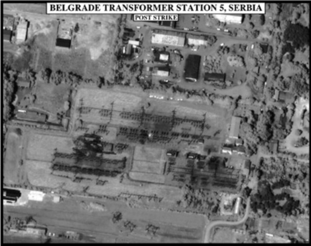 Post-strike bomb damage assessment photograph of the Belgrade Transformer Station 5, Serbia, used by Joint Staff Vice Director for Strategic Plans and Policy Maj. Gen. Charles F. Wald, U.S. Air Force, during a press briefing on NATO Operation Allied Force in the Pentagon on May 29, 1999. 