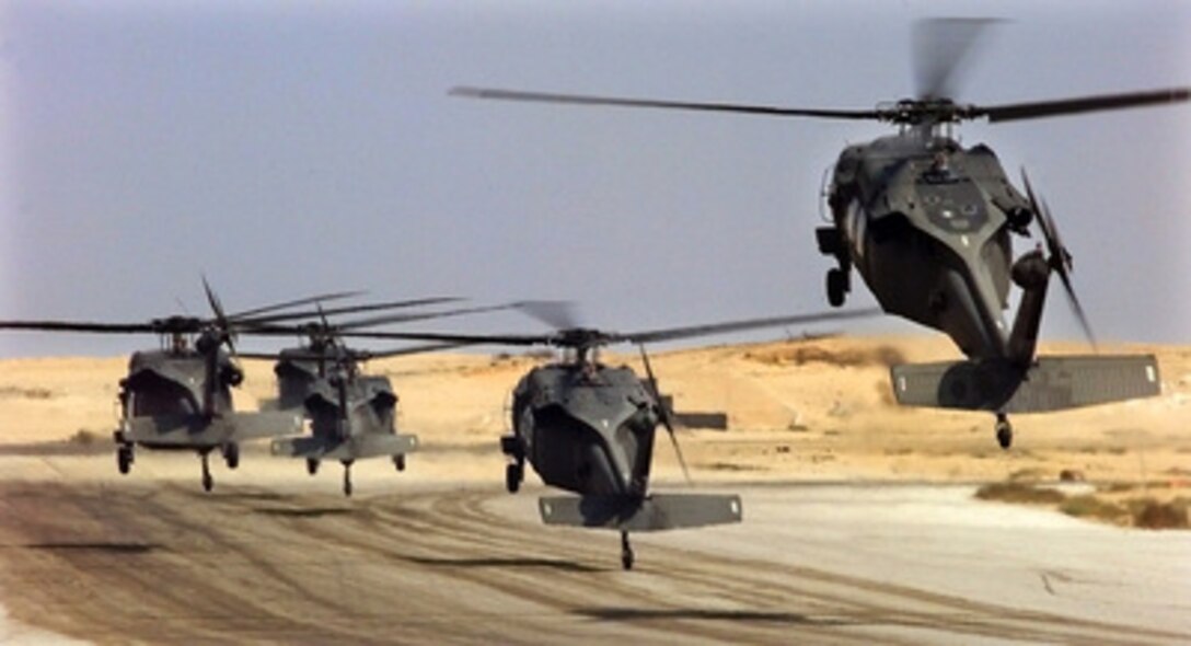 U.S. Army UH-60L Black Hawk helicopters lift off at Cairo West Air Base, Egypt, during Exercise Bright Star '99/00 on Oct. 6, 1999. Bright Star is a joint/combined command post and tactical field exercise in Egypt involving over 50,000 participants from 11 countries. The annual exercise is designed to improve readiness and interoperability between U.S., Egyptian and coalition forces. 