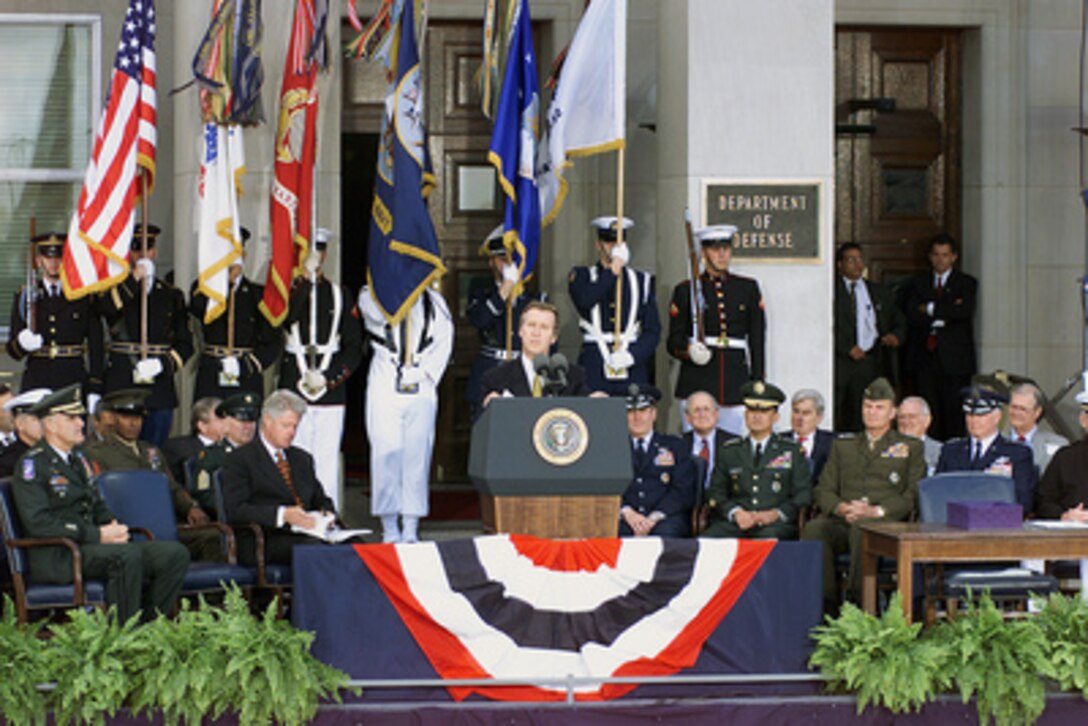 Secretary of Defense William S. Cohen addresses an audience of members of Congress, Defense officials, service men and women and their families at the Pentagon on Oct. 5, 1999 as he introduces President Bill Clinton. Clinton is visiting the Pentagon to sign the National Defense Authorization Act FY 2000 which provides for the first sustained increase in defense spending in 15 years and reflects the imperative of providing a sound quality of life for our uniformed people. Service men and women will see a 4.8 percent pay increase starting Jan. 1, 2000. 