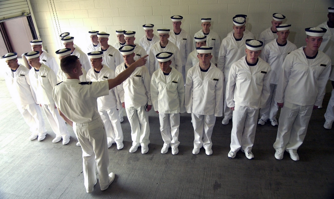 070103-N-9693M-004 U.S. Naval Academy (July 1, 2003) -- Midshipman 1st Class Kyle Opel, center foreground, of Fairfax, Va, instructs a group of officer candidates on military ettiquette during Induction Day at the U.S. Naval Academy (USNA).  The USNA welcomed 1,234 members of the class of 2007 today. Photo by: Photographer's Mate 2nd Class Damon J. Moritz (RELEASED)