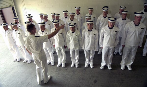 070103-N-9693M-004 U.S. Naval Academy (July 1, 2003) -- Midshipman 1st Class Kyle Opel, center foreground, of Fairfax, Va, instructs a group of officer candidates on military ettiquette during Induction Day at the U.S. Naval Academy (USNA).  The USNA welcomed 1,234 members of the class of 2007 today. Photo by: Photographer's Mate 2nd Class Damon J. Moritz (RELEASED)