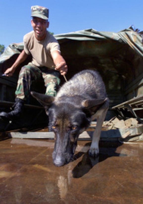 Spc. Rodney Porter hangs on to an anxious dog as they unload from a North Carolina National Guard 5-ton truck near Tick Bite, N.C., on Sept. 18, 1999. Porter rescued the dog from flood waters caused by Hurricane Floyd. Hundreds of National Guard troops in North Carolina and surrounding states been called on state active duty to provide disaster and humanitarian relief for thousands of people hit by Hurricane Floyd. Porter is with the 252nd Armor, North Carolina National Guard, Fayetteville, N.C. 