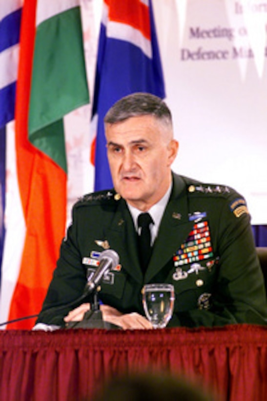 Chairman of the Joint Chiefs of Staff Gen. Henry H. Shelton, U.S. Army, responds to a reporter's question during a press conference held at the conclusion of the first day of the Annual Autumn Informal Meeting of NATO Defense Ministers in Toronto, Canada, on Sept. 21, 1999. 