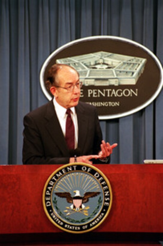 Deputy Undersecretary of Defense for Planning (Personnel & Readiness) Frank Rush briefs reporters in the Pentagon on the Department of Defense Inspector General's review of the military environment with respect to the homosexual conduct policy and the department's response on March 24, 2000. 