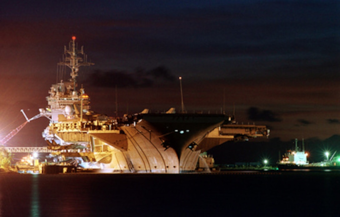 The USS Kitty Hawk sits pier side in Apra Harbor, Guam on April 18, 2000. Kitty Hawk is on a routine deployment en route to the Arabian Gulf. 