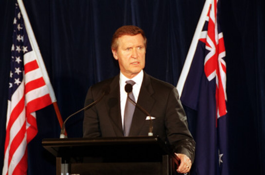 Secretary of Defense William S. Cohen responds to a reporter's question during a joint press conference with Australian Defense Minister John Moore at the Maritime Headquarters at Potts Point in Sydney, Australia, on July 17, 2000. Cohen is visiting Sydney to meet with government and civic leaders during a seven day trip to the Western Pacific. 
