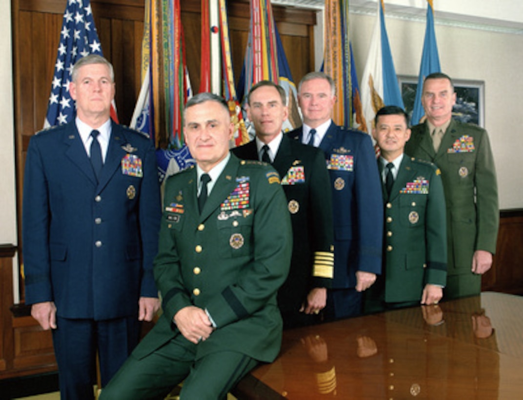 The Joint Chiefs of Staff photographed in the Joint Chiefs of Staff Gold Room, more commonly known as The Tank, in the Pentagon on April 6, 2000. From left to right are: Vice Chairman of the Joint Chiefs of Staff Gen. Richard B. Myers, U.S. Air Force, Chairman of the Joint Chiefs of Staff Gen. Henry H. Shelton, U.S. Army, U.S. Navy Chief of Naval Operations Adm. Jay L. Johnson, U.S. Air Force Chief of Staff Gen. Michael E. Ryan, U.S. Army Chief of Staff Gen. Eric K. Shinseki and U.S. Marine Corps Commandant Gen. James L. Jones Jr. 