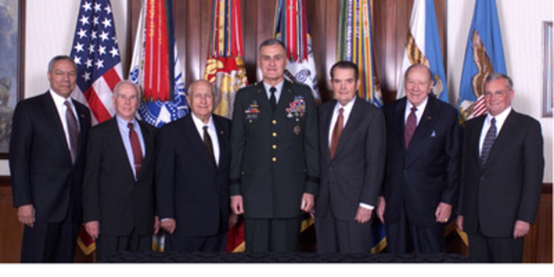 Gen. Henry H. Shelton, Chairman of the Joint Chiefs of Staff, hosted a one-day conference today in the Pentagon for former chairmen of the Joint Chiefs of Staff. The meeting was held to update the former chairmen, who collectively have more than 200 years of distinguished military experience, and to seek their perspective on a number of issues. Standing from left to right are: Gen. Colin L. Powell, USA (Ret); Gen. John W. Vessey, USA (Ret); Adm. Thomas H. Moorer, USN (Ret); Gen. Shelton, USA; Gen. David C. Jones, USAF (Ret); Adm. William J. Crowe, Jr., USN (Ret); and Gen. John M. Shalikashvili, USA (Ret). 
