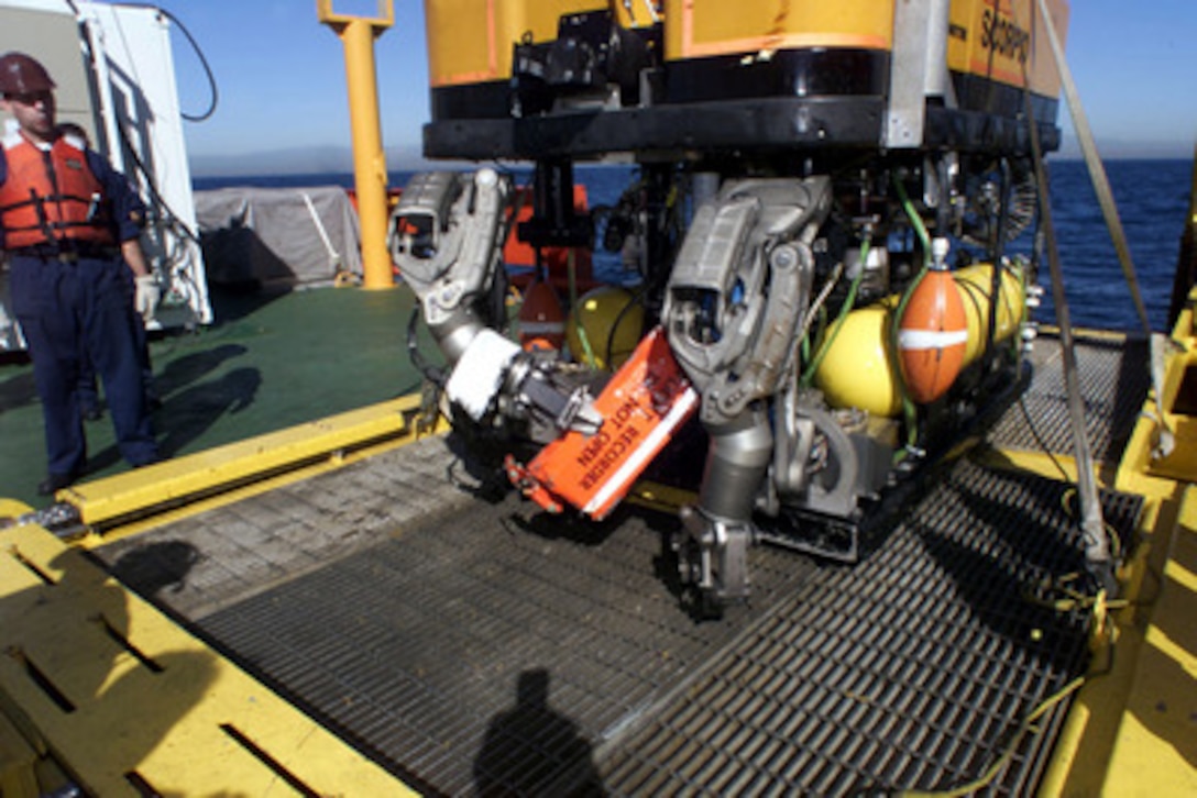 The remotely piloted vehicle SCORPIO sits on the deck of the MV Kellie Chouest after retrieving the flight data recorder from the downed Alaska Airlines Flight 261 off the coast of Ventura County, Calif., on Feb. 3, 2000. The flight data recorder, more commonly called a black box, was located underwater and brought aboard the ship by SCORPIO, a tethered unmanned work vehicle from the Navy's Deep Submergence Unit Unmanned Vehicle Detachment. The MV Kellie Chouest is a Military Sealift Command Submarine Support Ship. 