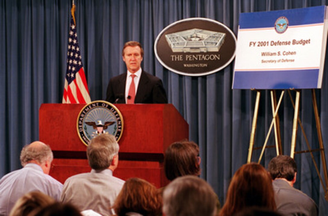 Secretary of Defense William S. Cohen briefs reporters in the Pentagon on the proposed Department of Defense budget for fiscal year 2001 on Feb. 7, 2000. 