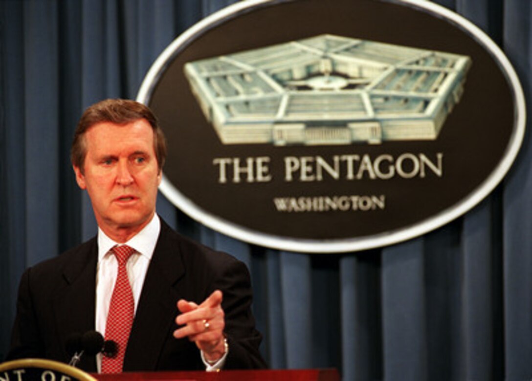 Secretary of Defense William S. Cohen takes a reporter's question during his briefing on the proposed Department of Defense budget for fiscal year 2001 on Feb. 7, 2000. 