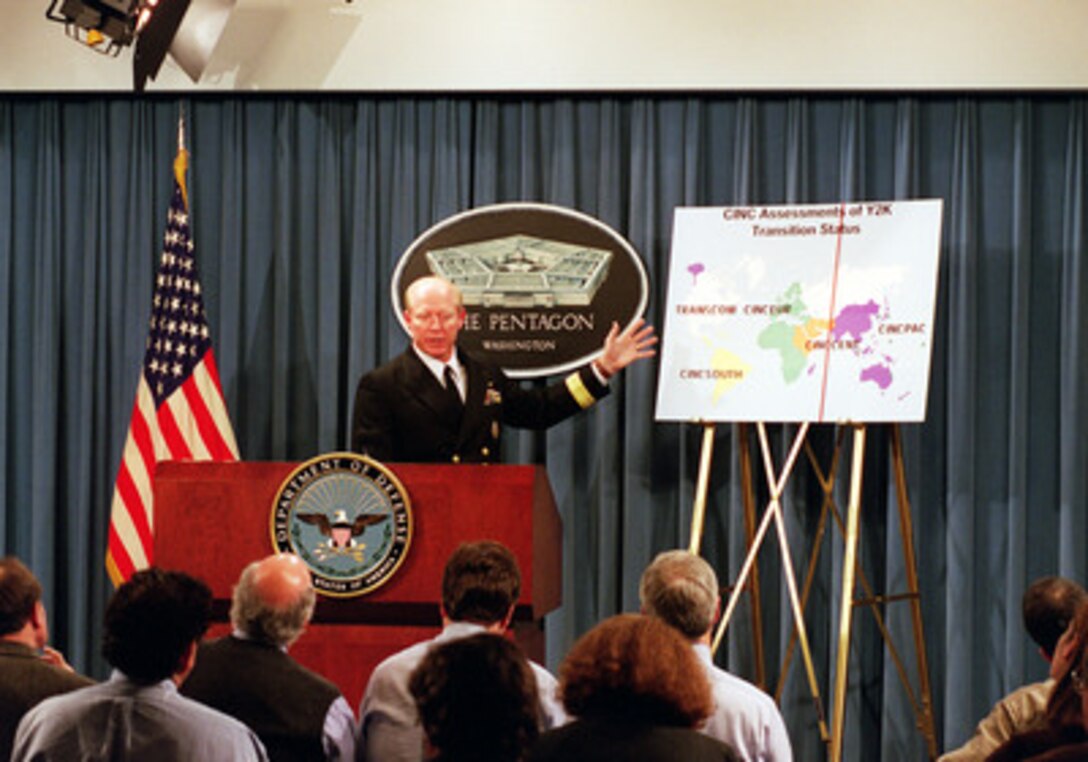 Rear Adm. Robert F. Willard, U.S. Navy, Joint Chiefs of Staff Y2K Task Force, conducts a press briefing in the Pentagon about the effects of the Y2K rollover in the Defense Department on Dec. 31, 1999. 