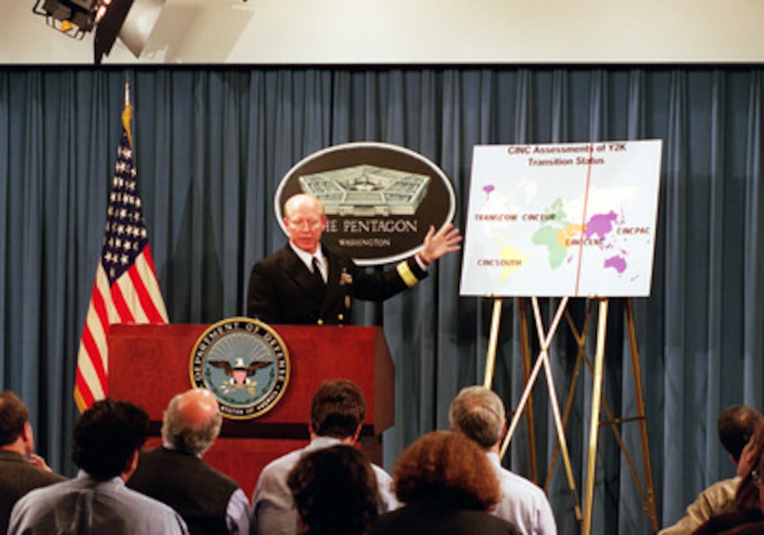 Rear Adm. Robert F. Willard, U.S. Navy, Joint Chiefs of Staff Y2K Task Force, conducts a press briefing in the Pentagon about the effects of the Y2K rollover in the Defense Department on Dec. 31, 1999. 