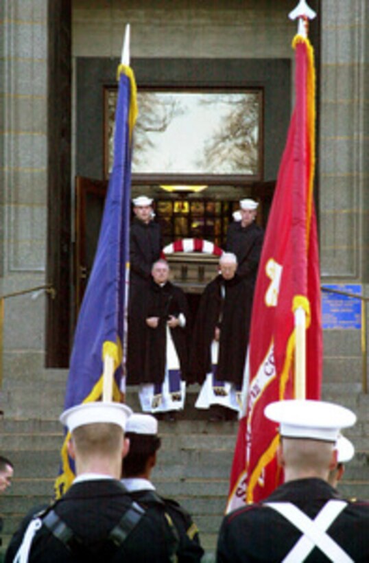 Members of the U.S. Navy Ceremonial Guard carry the casket of retired Chief of Naval Operations Adm. Elmo R. 'Bud' Zumwalt Jr. from St. Andrew's Chapel after a memorial service at the U.S. Naval Academy in Annapolis, Md., on Jan. 10, 2000. Zumwalt, who died on Jan. 2, will be buried on the Academy grounds. 