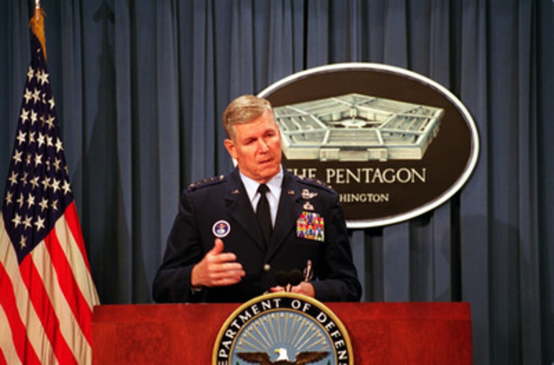 Gen. Richard B. Myers, U.S. Air Force, briefs reporters on the current activities of U.S. Space Command at a Pentagon briefing on Jan. 5, 2000. Myers also briefed reporters on the Joint Task Force on Computer Network Defense and the performance of the Center for Y2K Strategic Stability during the Y2K rollover. Myers is the commander in chief of U.S. Space Command. 