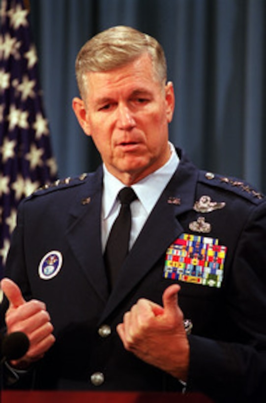 Gen. Richard B. Myers, U.S. Air Force, briefs reporters on the current activities of U.S. Space Command at a Pentagon briefing on Jan. 5, 2000. Myers also briefed reporters on the Joint Task Force on Computer Network Defense and the performance of the Center for Y2K Strategic Stability during the Y2K rollover. Myers is the commander in chief of U.S. Space Command. 