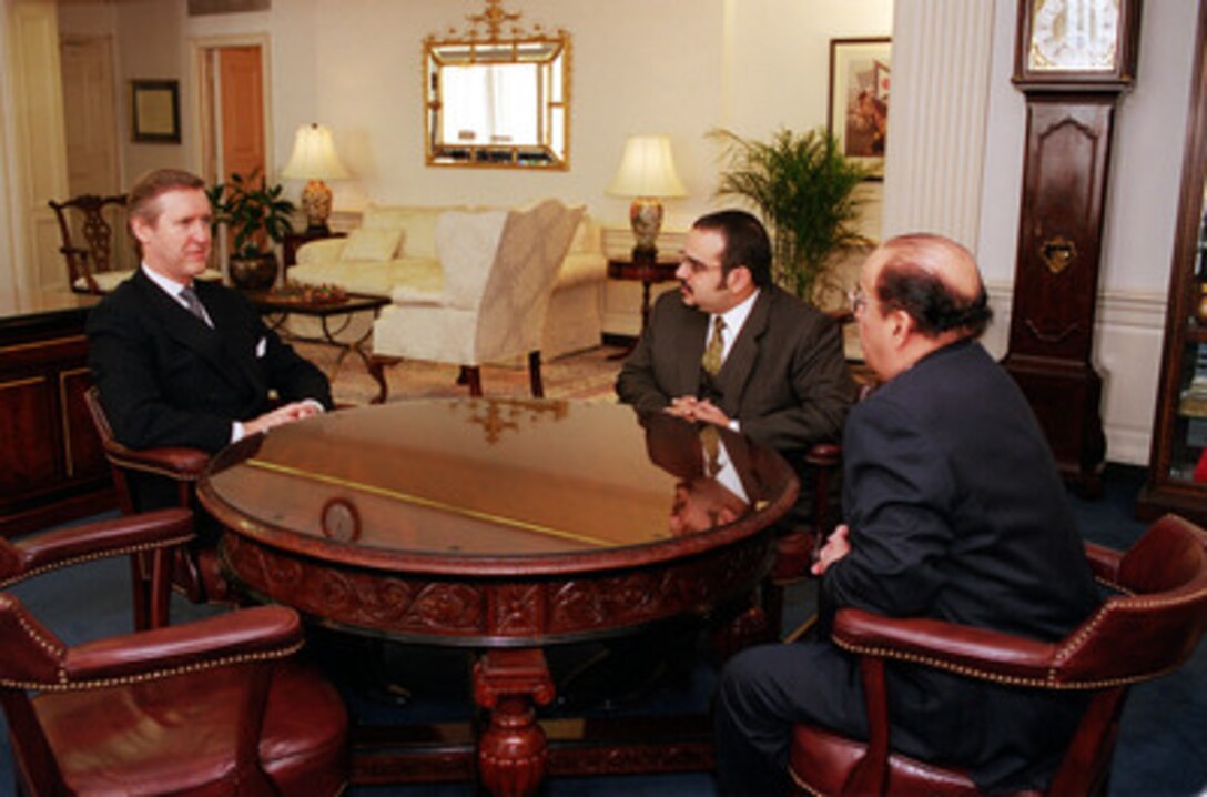Secretary of Defense William S. Cohen (left) meets with Crown Prince Salman bin Hamad Al-Khalifa (center), of Bahrain, and His Excellency Mohammed bin Mubarak Al-Khalifa (right), Bahrain's foreign minister, in Cohen's Pentagon office on Jan. 21, 2000. The private meeting is preceding a larger plenary session involving some of Cohen's senior policy advisors and the full defense delegation from Bahrain. 