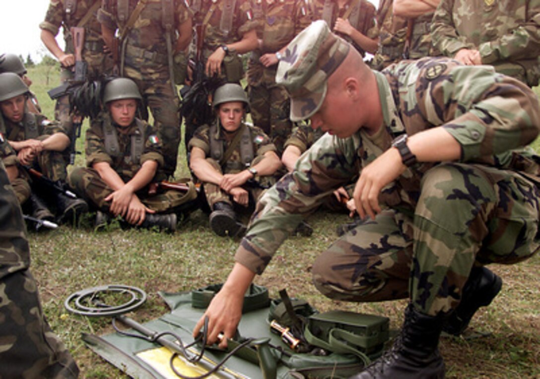 U.S. Army National Guard Spc. Kristopher Reynolds talks to Italian soldiers of the 30th Italian Regiment, Bersaglieri (Special Forces) about components of a U.S. mine detector during Exercise Peaceshield 2000 at Yavoriv, Ukraine, on July 13, 2000. Approximately 1000 soldiers from 22 countries are taking part in the peacekeeping training exercise at the Partnership for Peace Training Center at Yavoriv. Reynolds is attached to the 135th Engineering Battalion, Army National Guard, Lawrenceville, Ill. 
