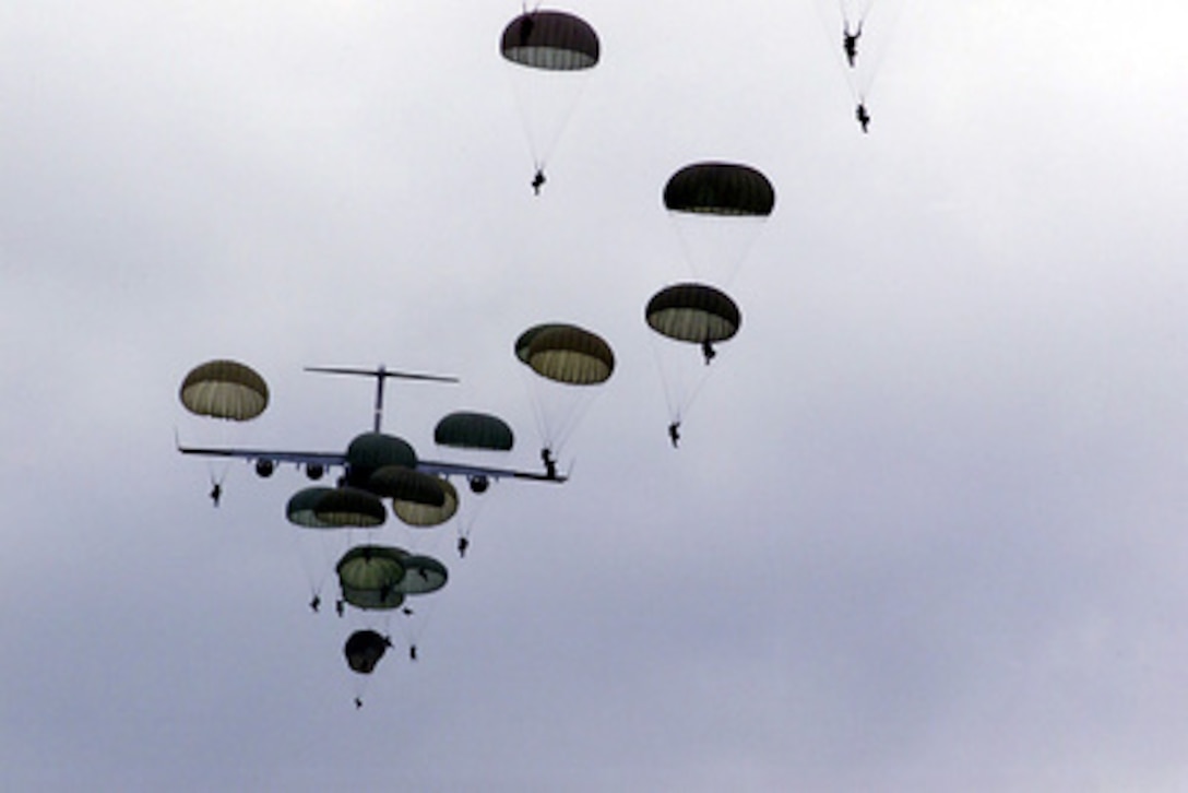 Paratroopers from the U.S. Army's 82nd Airborne Division and the Ukraine's 80th Air Mobile parachute from a U.S. Air Force C-17 Globemaster III during Exercise Peaceshield 2000 at Yavoriv, Ukraine, on July 17, 2000. Approximately 1000 soldiers from 22 countries are taking part in the peacekeeping training exercise at the Partnership for Peace Training Center at Yavoriv. 