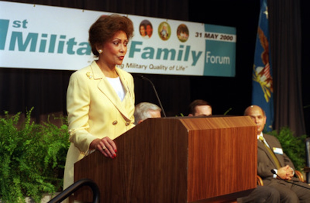 Janet Langhart Cohen, wife of Secretary of Defense William S. Cohen, addresses the first annual Military Family Forum held in the Pentagon on May 31, 2000. One hundred military family members, selected from individual command areas or bases, were brought to the Pentagon to participate in the discussions devoted to military family issues. 