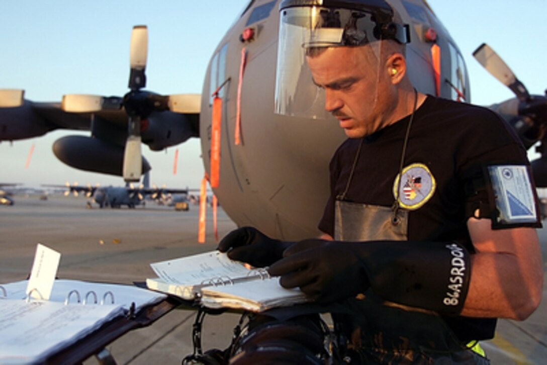 Staff Sgt. Roger Stepp, U.S. Air Force, looks over the maintenance records of a C-130 Hercules prior to the Air Mobility Rodeo 2000 maintenance pre-flight inspection competition at Pope Air Force Base, N.C. on May 7, 2000. Rodeo 2000 is the U.S. Air Force Air Mobility Command's premier air mobility competition, involving more than 80 aircraft and 100 teams from 17 countries. The teams compete in airdrops, aerial refueling, aircraft navigation, special tactics, short field landings, cargo loading, engine running on and off load, aeromedical evacuations and security forces operations. Stepp is attached to the 86th Air Wing, Ramstein Air Base, Germany. 