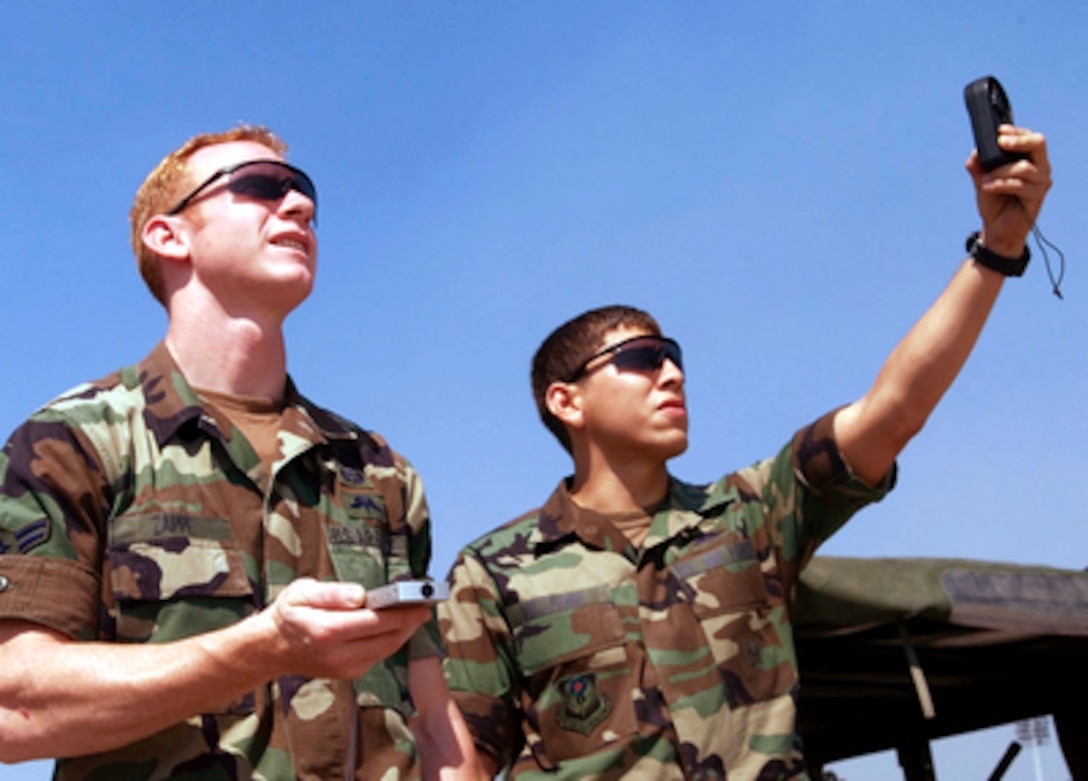 Airman 1st Class Daniel Zappe (left) and Airman Villegas (right) take wind velocity and direction readings in preparation for the U. S. Army's 82nd Airborne paratroopers jump for the opening ceremonies of Air Mobility Rodeo 2000 on May 7, 2000. Rodeo 2000 is the U.S. Air Force Air Mobility Command's premier air mobility competition, involving more than 80 aircraft and 100 teams from 17 countries. The teams compete in airdrops, aerial refueling, aircraft navigation, special tactics, short field landings, cargo loading, engine running on and off load, aeromedical evacuations and security forces operations. Zappe and Villegas are combat controllers with the Air Force Special Operations Command. 