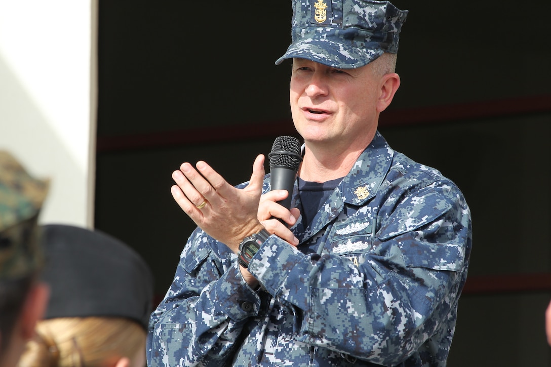 Master Chief Petty Officer of the Navy (MCPON) Rick West holds an all-hands call at Robert E. Bush Naval Hospital during his visit to the Combat Center Nov. 23, 2010.