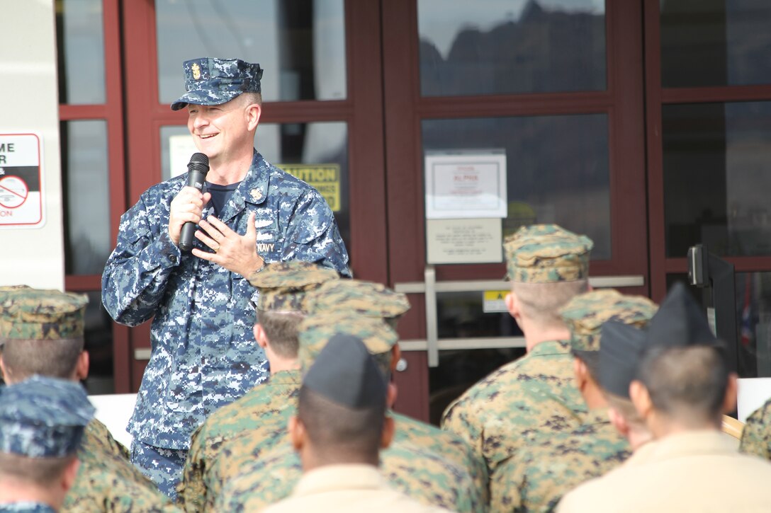 Master Chief Petty Officer of the Navy (MCPON) Rick West holds an all-hands call at Robert E. Bush Naval Hospital during his visit to the Combat Center Nov. 23, 2010.