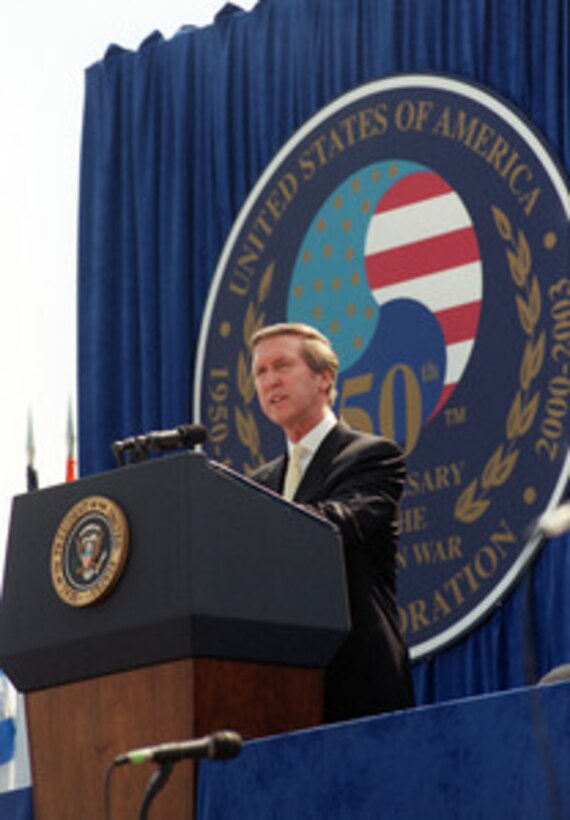 Secretary of Defense William S. Cohen addresses the audience on the Mall in Washington, D. C., on June 25, 2000, during ceremonies commemorating the 50th Anniversary of the start of the Korean War. Cohen stressed the importance of remembering the lessons of that war and the sacrifices of the brave men and women of the United States and the 20 allied nations who participated in what is often called "the forgotten war." 