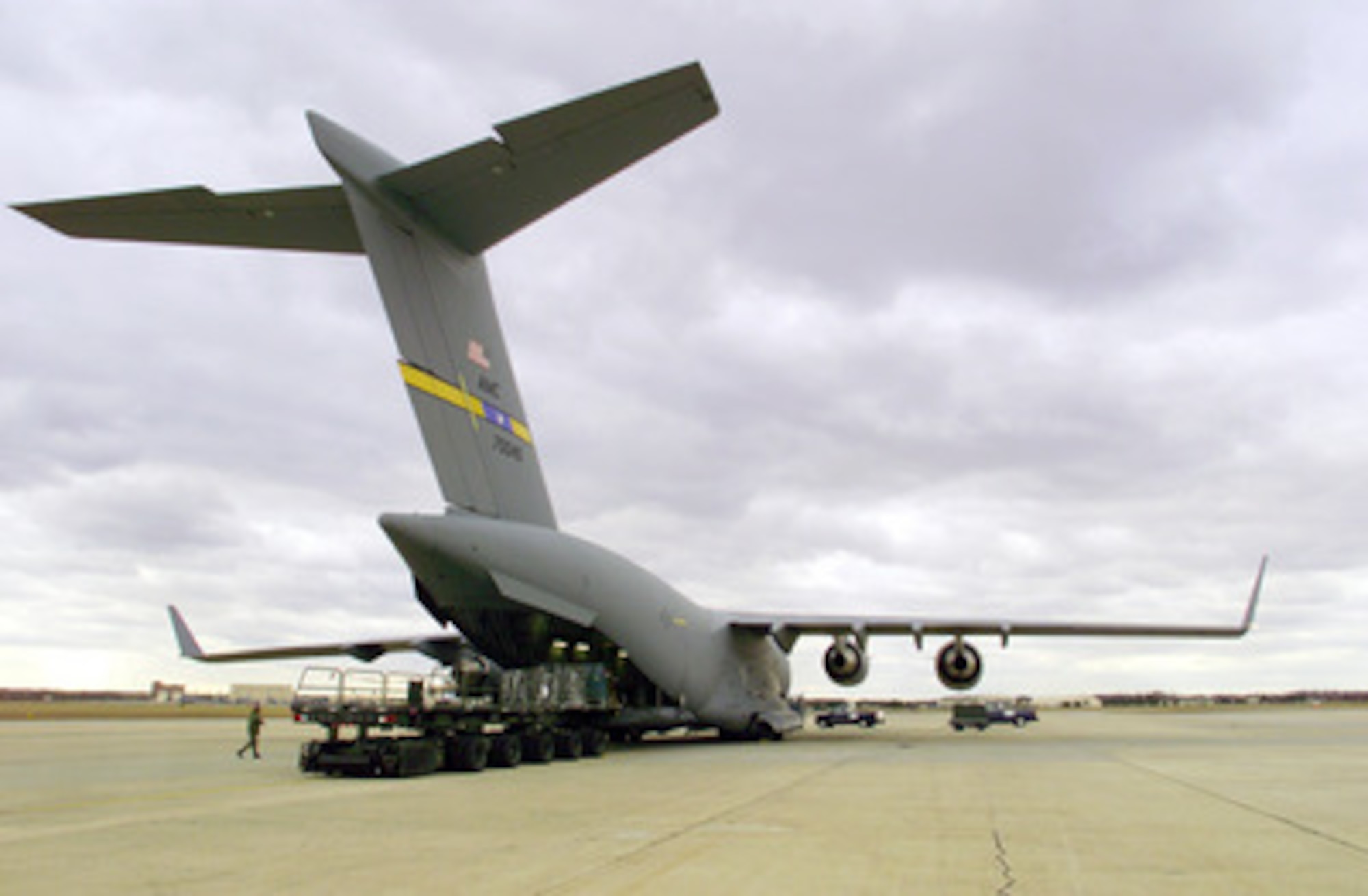 Pallets of cargo are loaded aboard a U.S. Air Force C-17 Globemaster III at McGuire Air Force, N.J., on March 2, 2000. The aircraft is en route to South Africa as part of Operation Atlas Response. Atlas Response is the U.S. military's contribution to relief efforts following torrential rains and flooding in southern Mozambique and South Africa. About 30 airmen from the 621st Air Mobility Operations Group are deploying to South Africa to set up and maintain airfield operations for the humanitarian operation. 