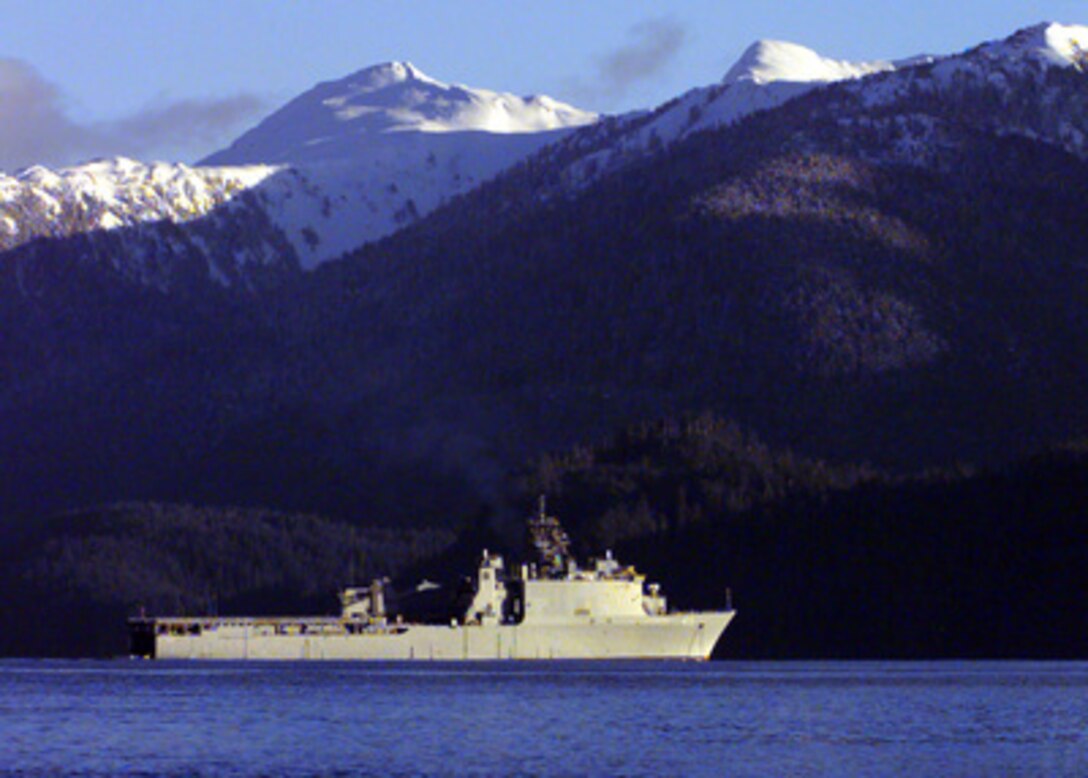 The U.S. Navy dock landing ship USS Comstock (LSD 46) lies at anchor on March 5, 2000, in the Eastern Channel of Sitka Sound, Alaska, during Exercise Northern Edge 2000. Northern Edge 2000 is Alaska's largest joint military training exercise involving over 10,000 men and women from all five services. The Comstock is deployed for the exercise from San Diego, Calif. 