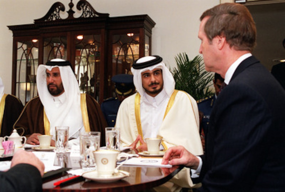 Secretary of Defense William S. Cohen (right) meets in his Pentagon office with the Crown Prince of the State of Qatar, Sheikh Jasim bin Hamad bin Khalifa Al Thani (center) and the Minister of Foreign Affairs Sheikh Hamad bin Jasim bin Jabir Al Thani (left) on March 6, 2000. The men are meeting to discuss a range of security issues of interest to both nations. 