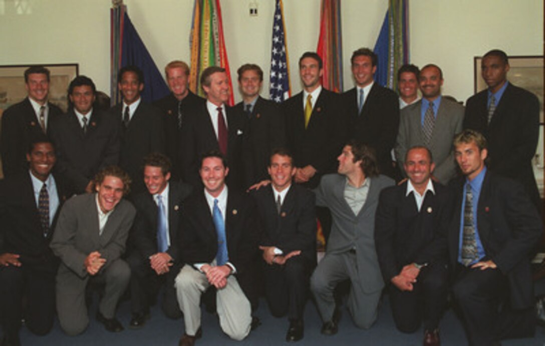 Secretary of Defense William Cohen (back row center) took an enjoyable break from his daily schedule on Thursday, May 4, 2000, to welcome and visit with the D.C. United, Major League Soccer's 1999 Eastern Division Champions. 