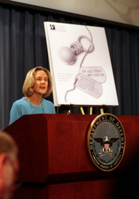 Nancy Duff Campbell, co-director of the National Women's Law Center, summarizes the findings from the center's study entitled "Be All That We Can Be: Lessons from the Military for Improving Our Nation's Child Care System" at a May 16, 2000, Pentagon press conference. The Center cited the military in their report as an "...excellent model for the very real reforms that need to be made in civilian child care policy and practice as well." 