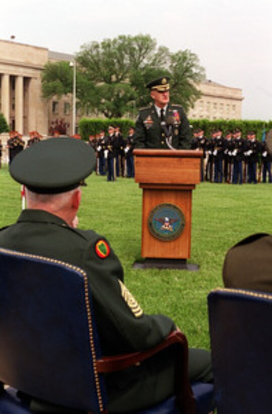 Chairman of the Joint Chiefs of Staff Gen. Henry H. Shelton, U.S. Army, addresses the audience during the 50th Anniversary of Armed Forces Day ceremony at the Pentagon on May 18, 2000. Shelton and Secretary of Defense William S. Cohen co-hosted the event which honored approximately 300 "unsung heroes" who are military and civilian employees of the Department of Defense in the National Capital region. 