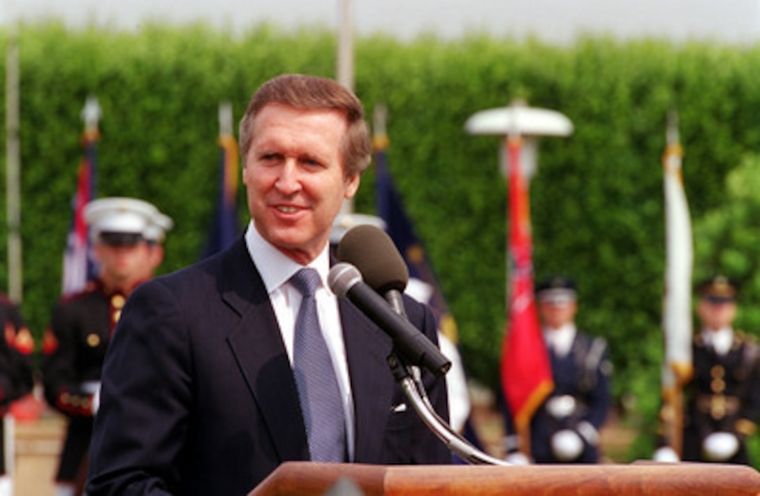 Secretary of Defense William S. Cohen delivers the keynote address during the 50th Anniversary of Armed Forces Day ceremony at the Pentagon on May 18, 2000. Cohen and Chairman of the Joint Chiefs of Staff Gen. Henry H. Shelton, U.S. Army, co-hosted the event which honored approximately 300 "unsung heroes" who are military and civilian employees of the Department of Defense in the National Capital region. 