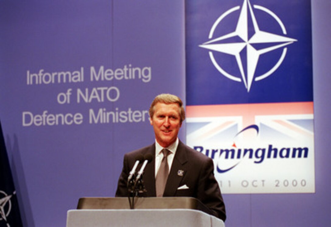Secretary of Defense William S. Cohen holds a press conference at the annual Informal Meeting of NATO Defense Ministers at the International Conference Center in Birmingham, England, on Oct. 10, 2000. Each Autumn a different member of the 19-nation security alliance hosts the informal meeting in which a range of security issues are freely discussed, but no binding decisions are made. All binding agreements are left to the biannual defense ministerial held at NATO Headquarters in Brussels, Belgium. 