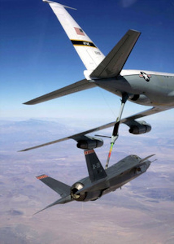 A Lockheed Martin X-35A Joint Strike Fighter concept demonstrator receives fuel from a U.S. Air Force KC-135 Stratotanker during a test mission over California's Mojave Desert on Nov. 7, 2000. The Joint Strike Fighter is the military's next generation, multi-role, strike aircraft designed to complement the Navy F/A-18 and the Air Force F-22 aircraft. Lockheed Martin and Boeing were both awarded cost-plus-fixed-fee-contracts for the Joint Strike Fighter Concept Demonstration Program. The program will feature flying aircraft demonstrators, ground and flight technology demonstrations, and continued refinement of the contractor's weapons system concept for the next generation strike fighter for the Navy, Marine Corps, Air Force, and Royal Navy. After making about 50 test flights, the X-35A and Boeing's X-32A will be tested at Naval Air Station Patuxent River, Md. Photo by Tom Reynolds, Lockheed Martin. 