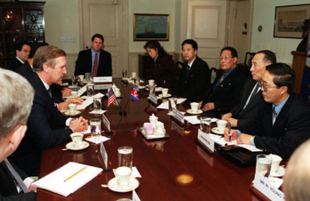 Secretary of Defense William S. Cohen (left) meets with National Defense Commission First Vice Chairman and Director General of the Political Bureau (directly across from Cohen), Jo Myong Rok, of the Korean People's Army, in the Pentagon on Oct. 11, 2000. Cohen and Rok are meeting to discuss a wide range of security issues. 