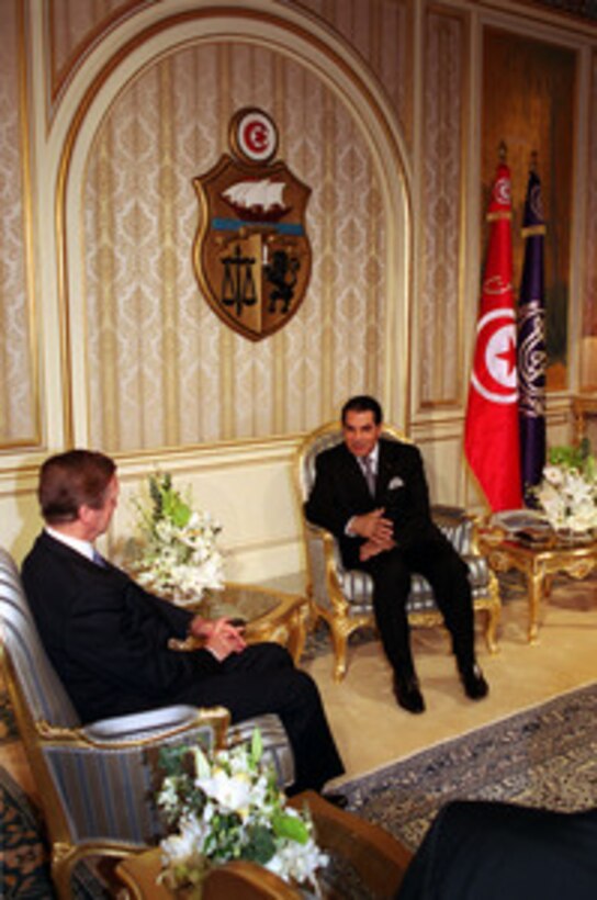 Secretary of Defense William S. Cohen (left) meets with Tunisian President Zine El Abidine Ben Ali at the Presidential Palace in Tunis, Tunisia, on Oct. 7, 2000. The two men are meeting to discuss a broad range of international security issues of interest to both nations. Cohen's stop in Tunisia came at the start of a three nation visit which will also take him to Greece and the United Kingdom. 