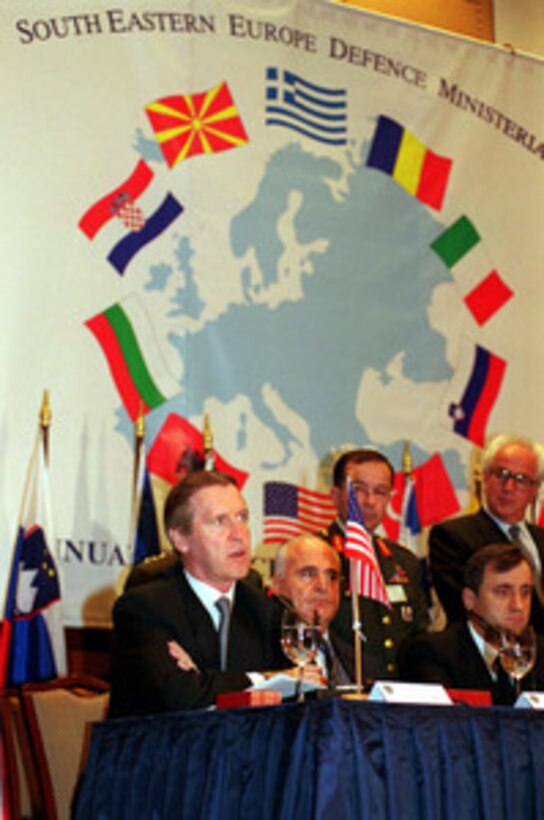 Secretary of Defense William Cohen speaks to his defense counterparts at the Southeastern Europe Defense Ministerial on Oct. 9, 2000, in Thessaloniki, Greece. The United States joined Albania, Bulgaria, Croatia, the Former Yugoslav Republic of Macedonia, Greece, Italy, Romania, Slovenia, and Turkey in the regional security talks. 