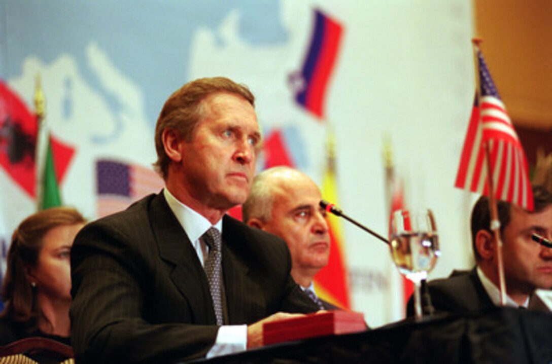Secretary of Defense William Cohen listens to his defense counterparts at the Southeastern Europe Defense Ministerial on Oct. 9, 2000, in Thessaloniki, Greece. The United States joined Albania, Bulgaria, Croatia, the Former Yugoslav Republic of Macedonia, Greece, Italy, Romania, Slovenia, and Turkey in the regional security talks. 
